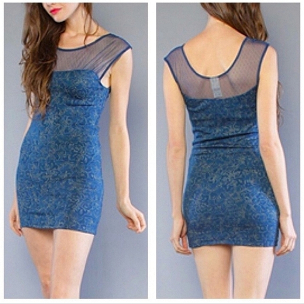 NWT Free People Mini Teal Dragonfly Mesh Bodycon Dress